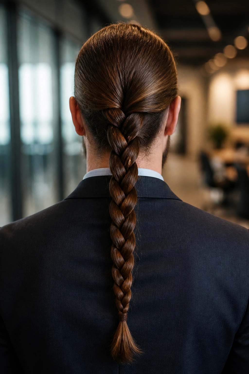 Back view of a man with a single braid down the back in an office setting