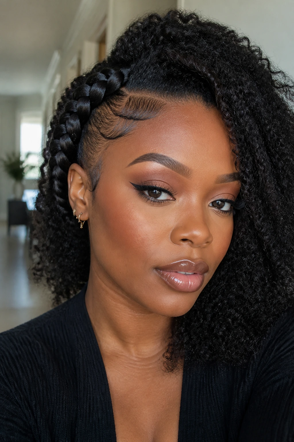 Close-up portrait of a real Black woman with a single-braid side hawk.