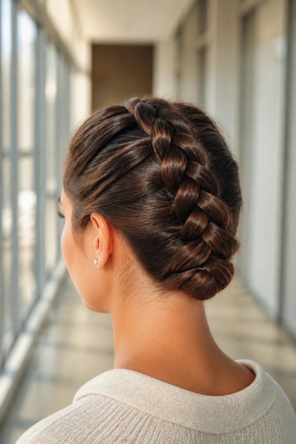 Single Dutch braid tucked under the nape on a real person