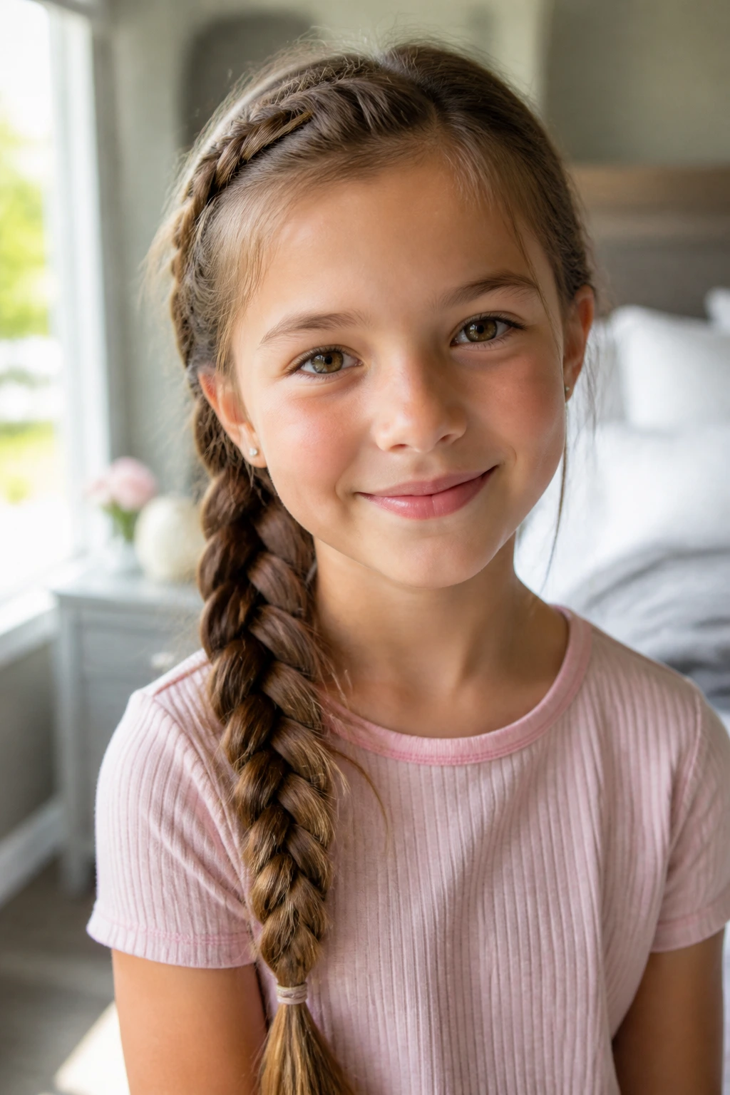Close-up of a real child with a single side braid over one shoulder