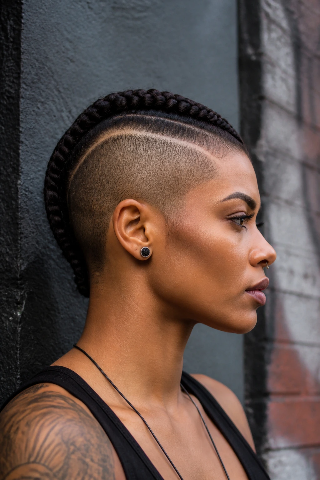 Profile of a single side braid row with a hard part on a real person