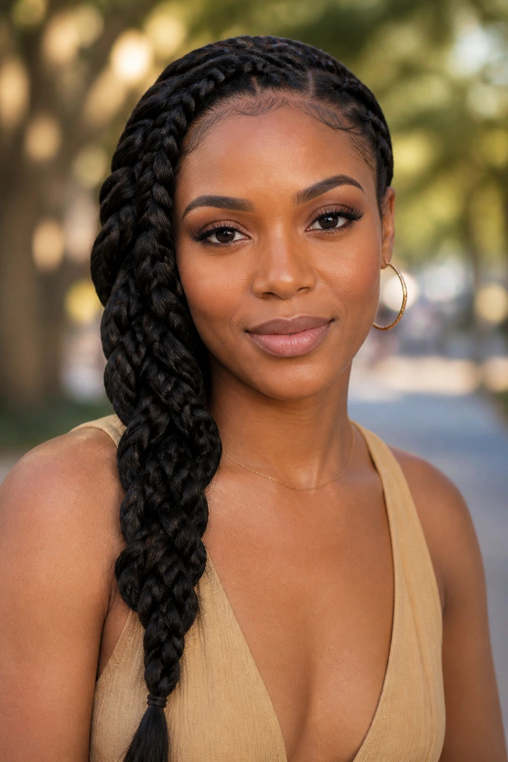 Close-up of a real woman with a single side braid over one shoulder