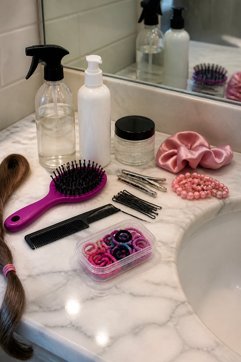 Bathroom sink counter with neatly arranged hair prep items