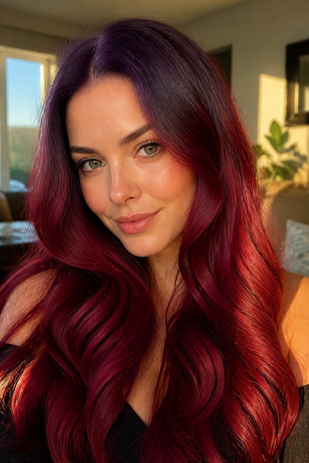 Close-up of a real woman with long Siren Red hair and violet-shadow roots