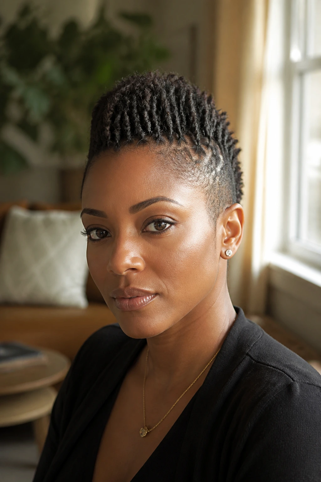 Close-up portrait of a real Black woman wearing a slim Sisterloc Hawk with a centered ridge
