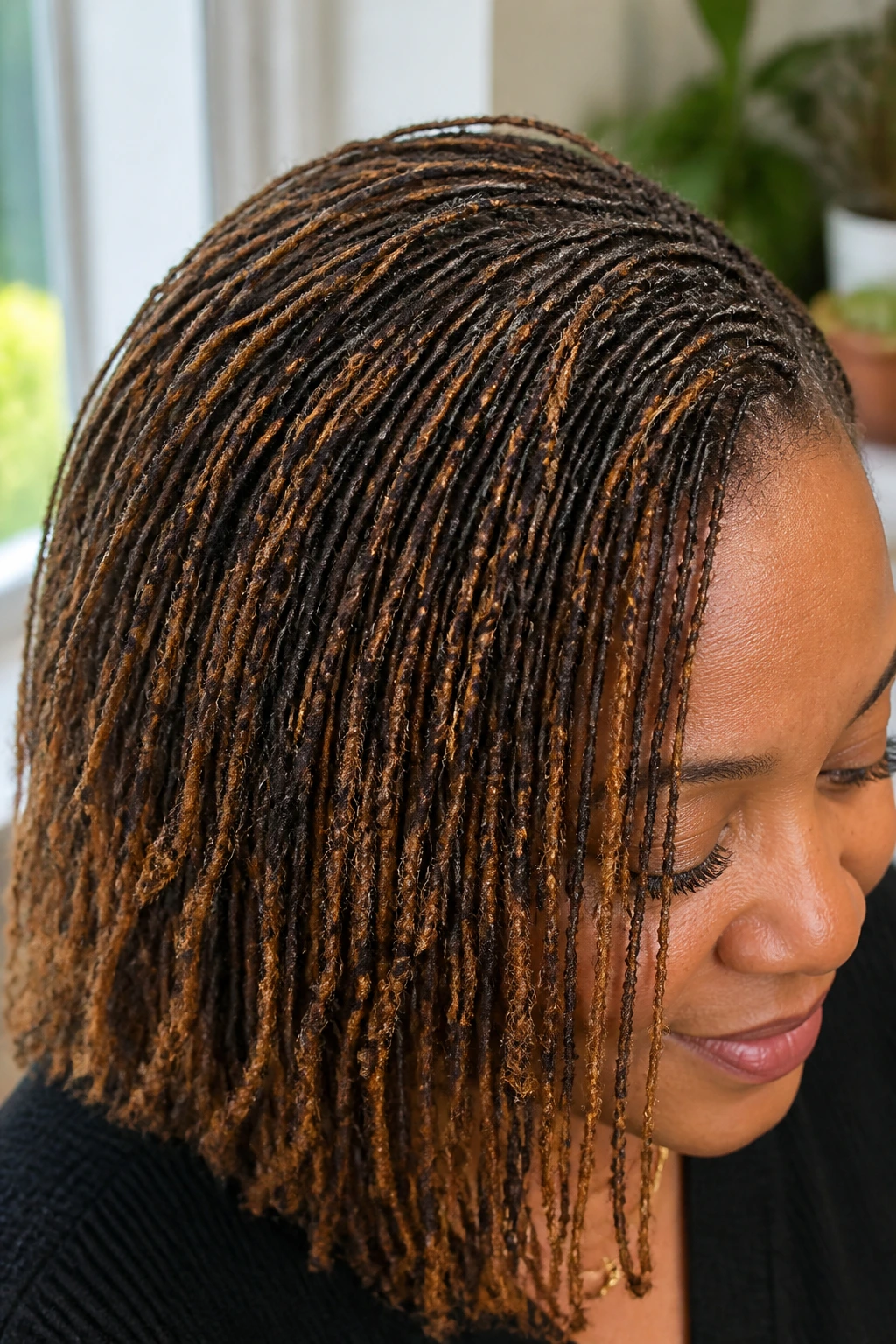 Close-up of sisterlocks with warm honey highlights on a real person