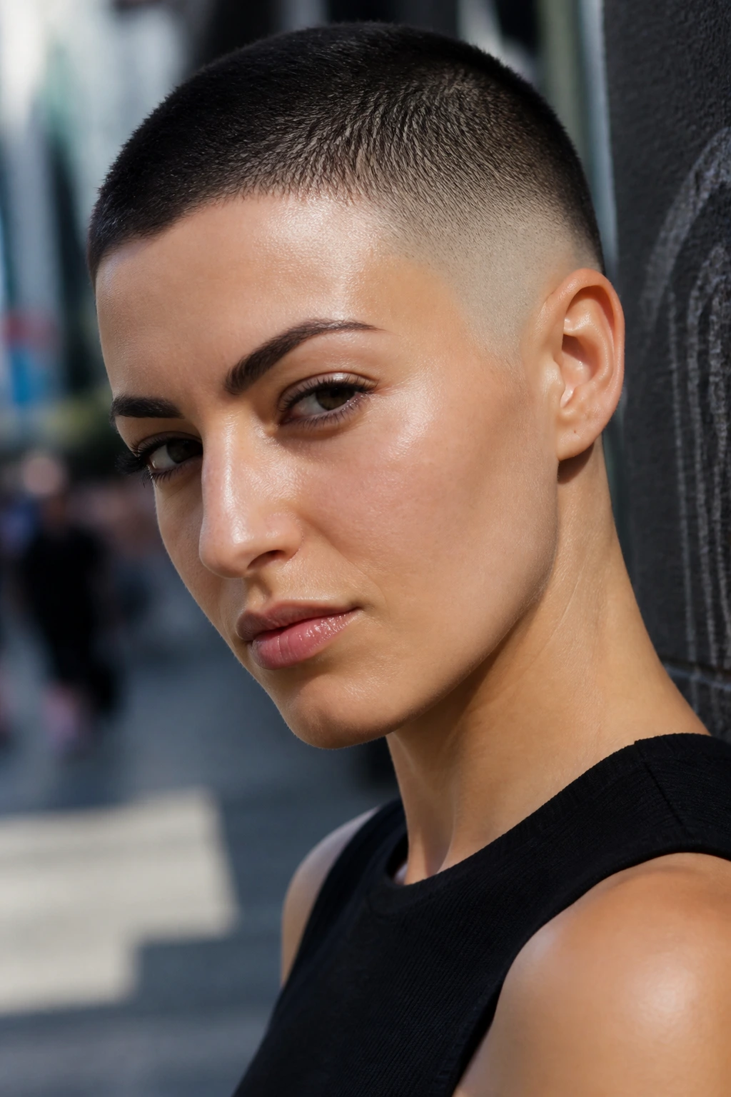 Close-up portrait of a real woman with skin-fade sides and bare temples