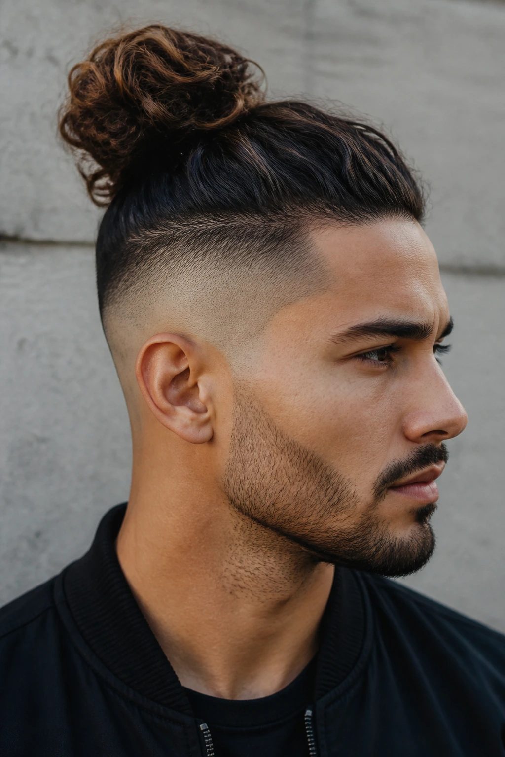 Man with skin fade and bun against concrete wall outdoors