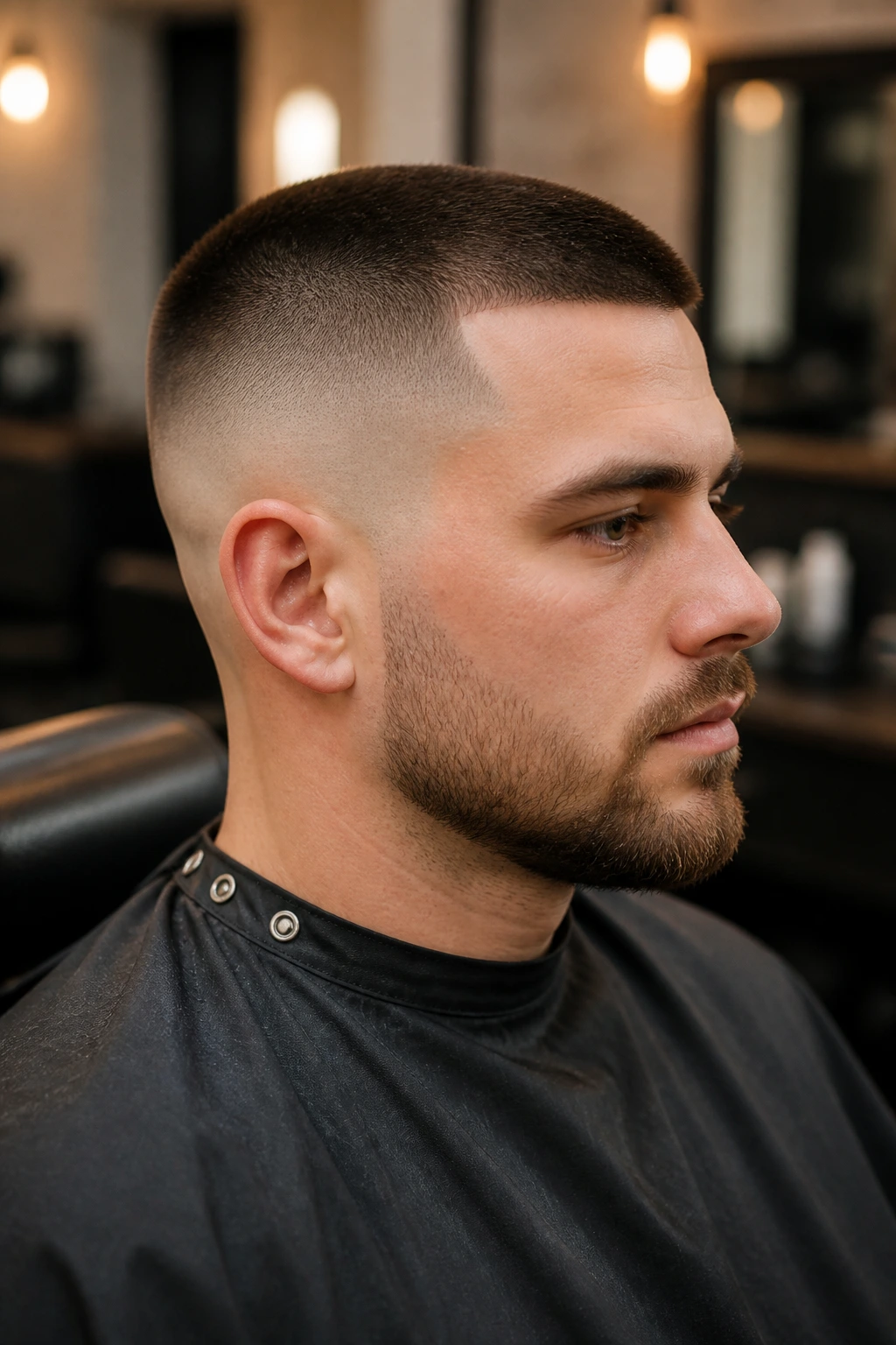 Close-up of a real man with a skin fade buzz cut in warm barbershop lighting