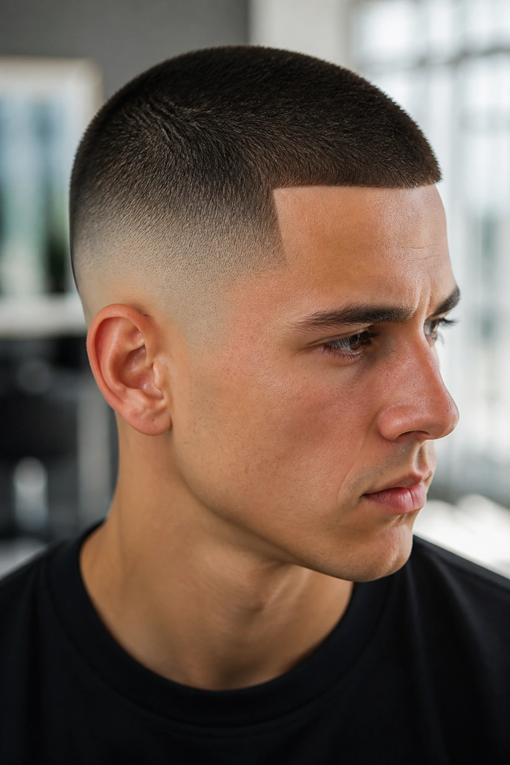 Close-up portrait of a man with a skin fade buzz cut and sharp line-up