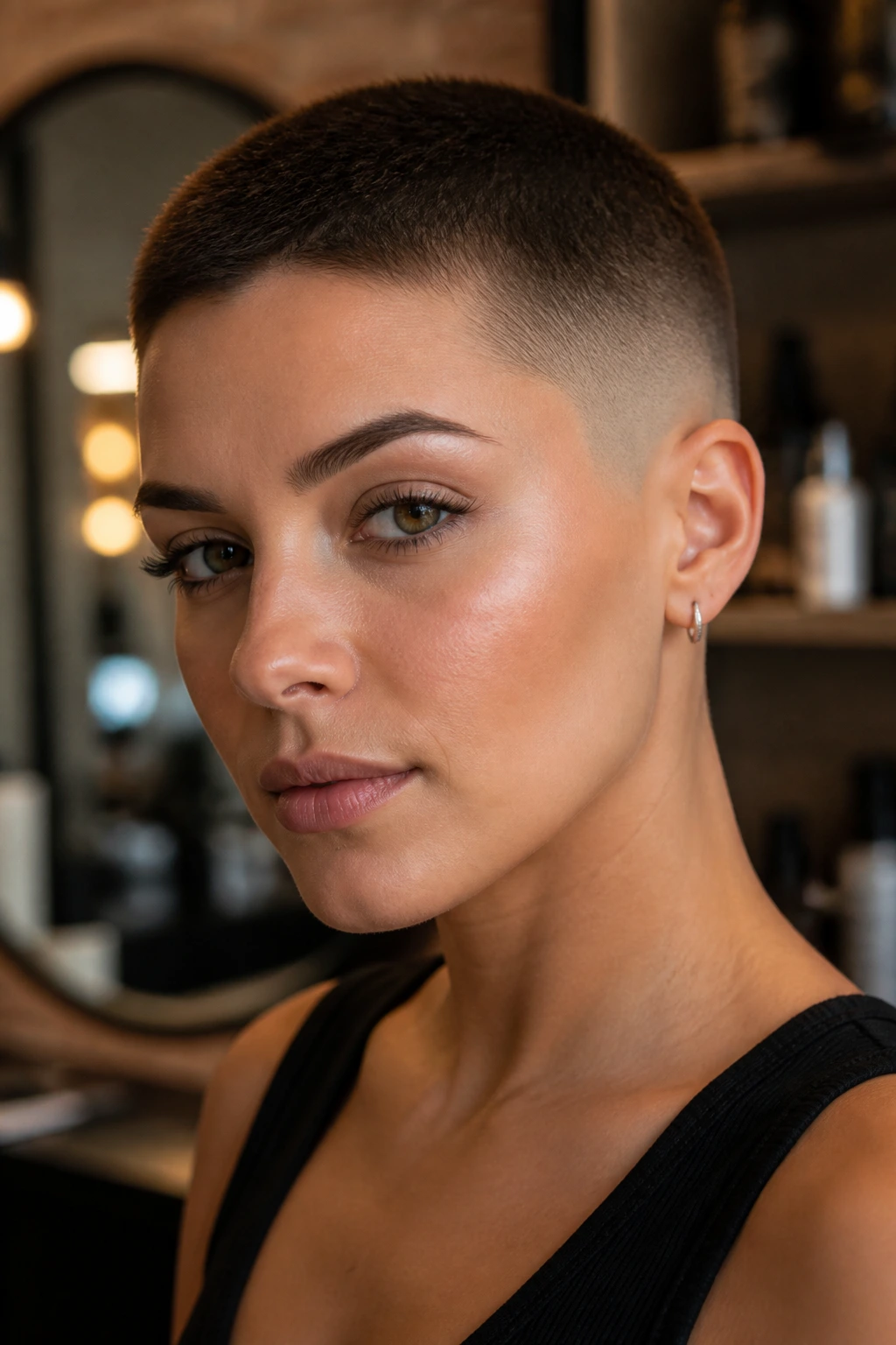 Close-up portrait of a real woman with a skin-fade buzz cut in a warm salon