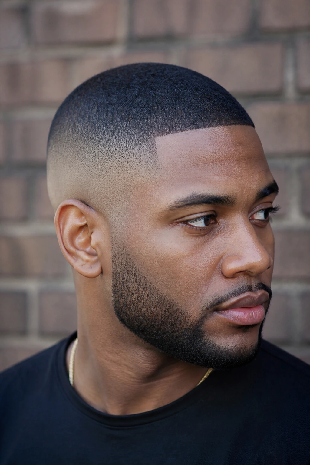 Close-up portrait of a Black man with skin fade buzz.