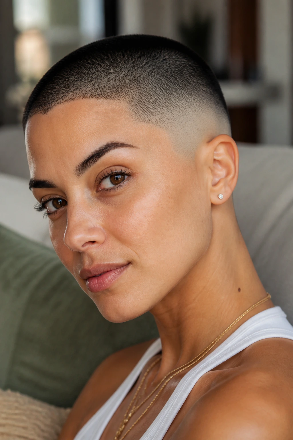 Close-up portrait of a real woman with a skin fade buzz cut in a living room