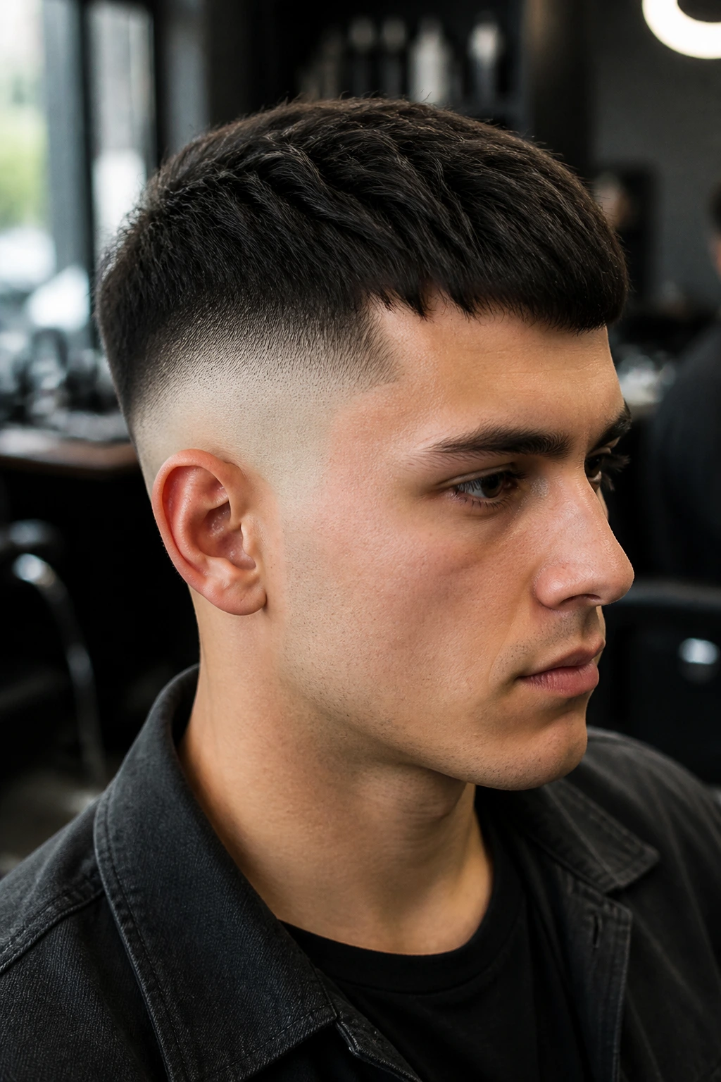 Portrait of a person with a skin fade Chelsea cut emphasizing the high-contrast sides.