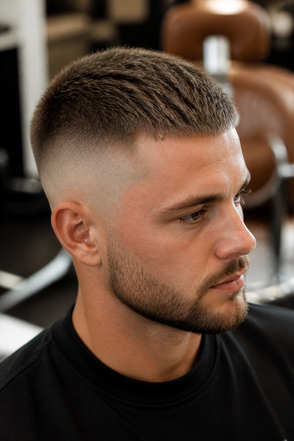 Close-up of a man with a skin fade crew cut in a barbershop setting