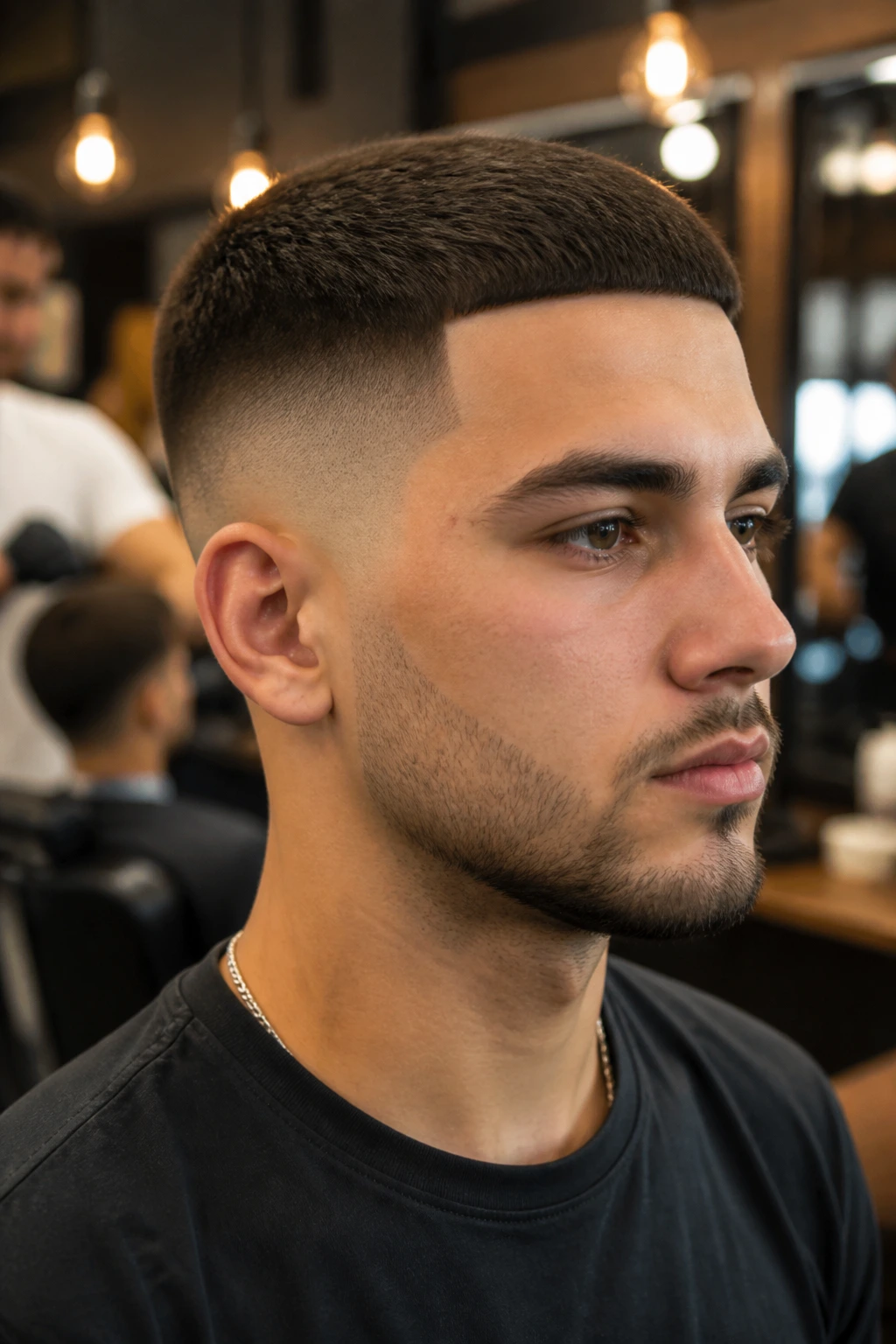 Real man with skin fade crew cut and line-up in a barbershop