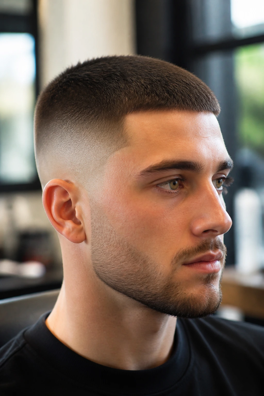 Close-up portrait of a man with a skin fade crew cut in a barbershop