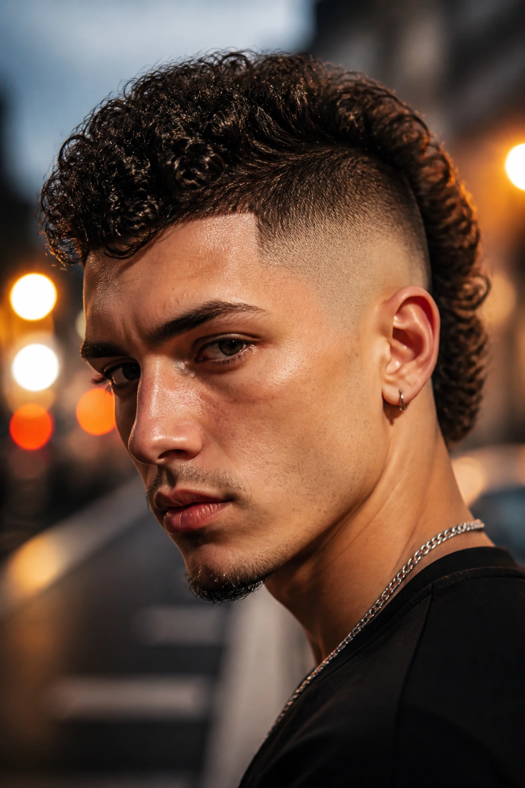 Close-up of skin-fade curly mohawk on real person with crisp line