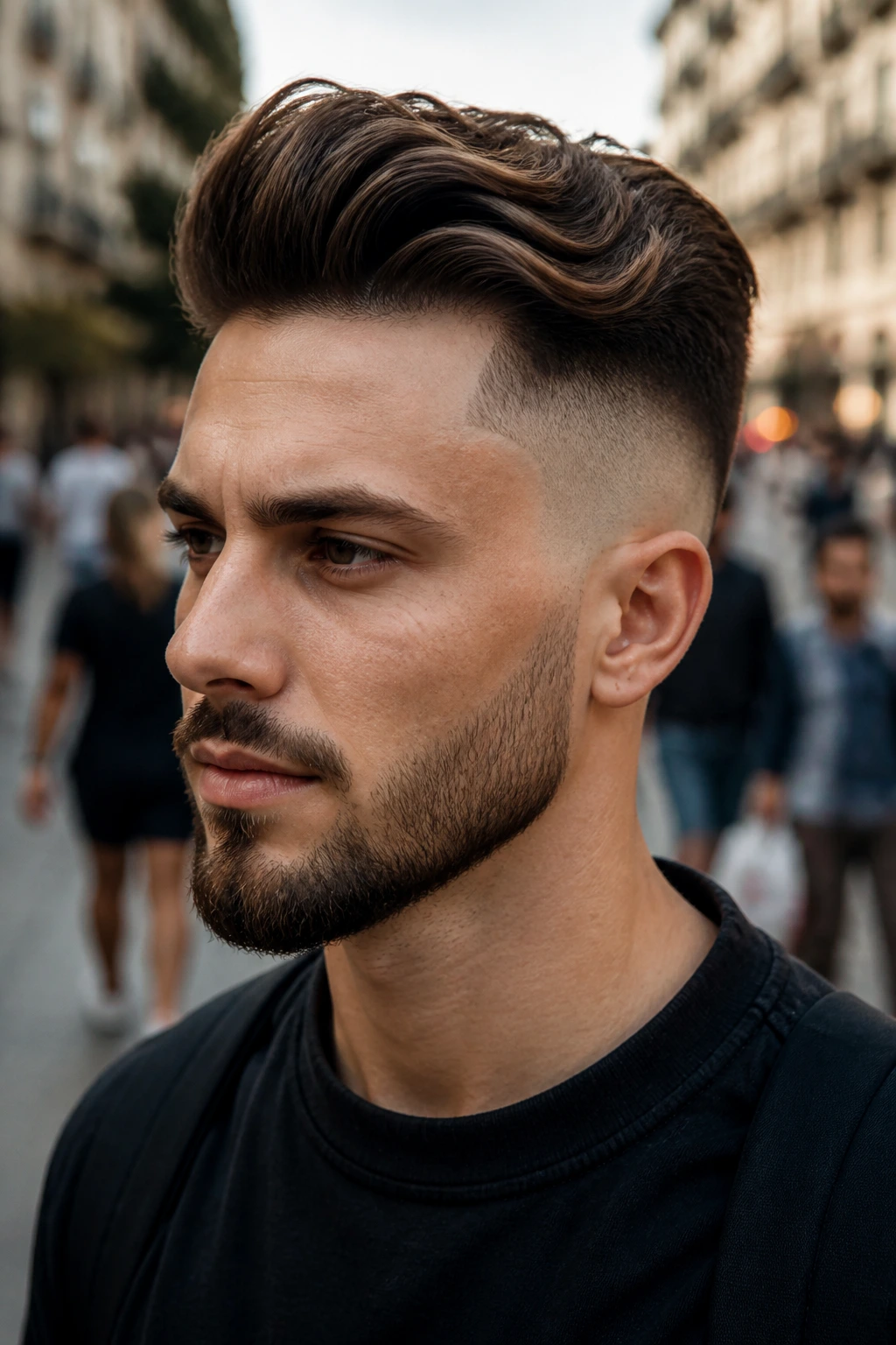 Close-up of man with skin fade disconnected undercut in urban daylight