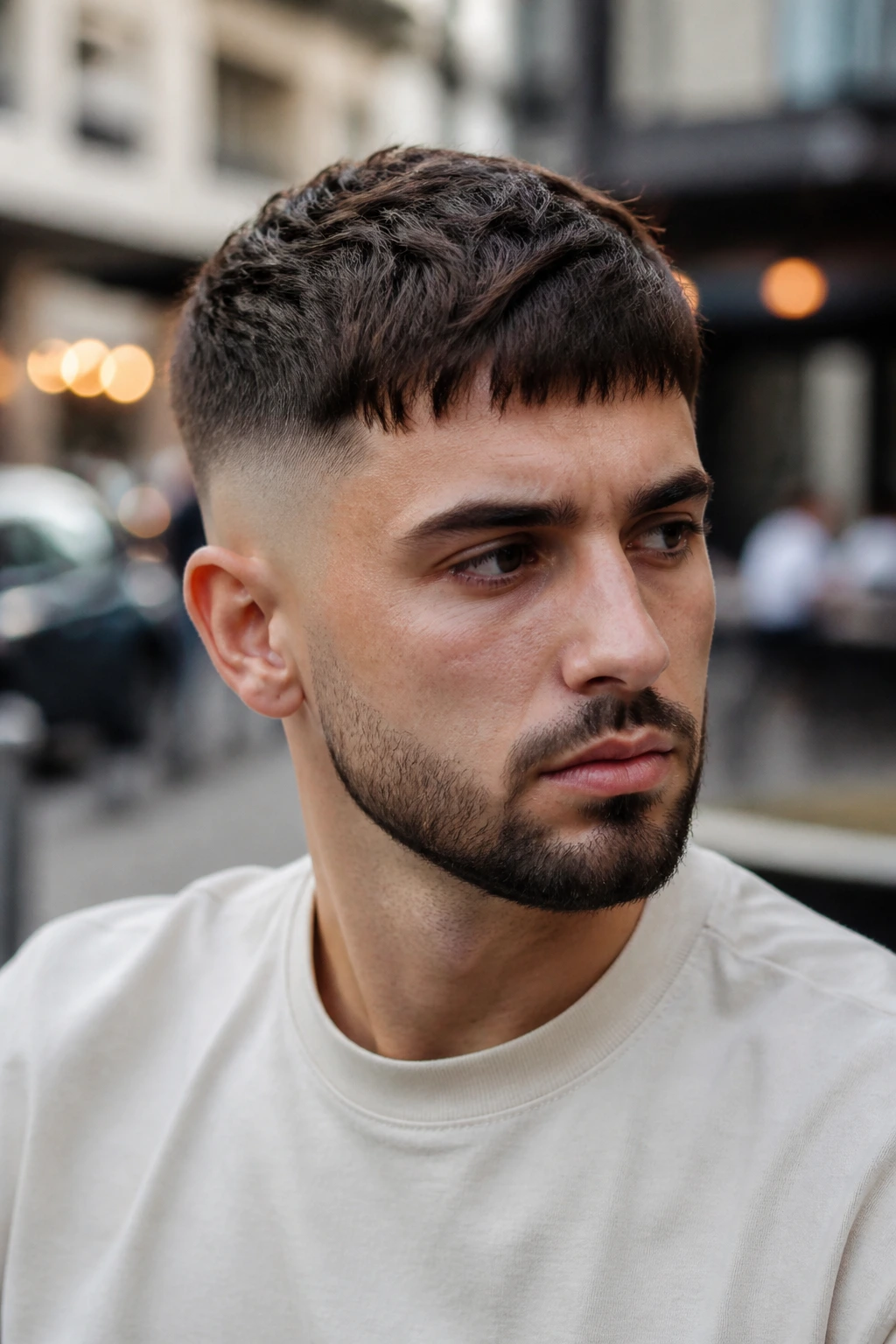 Close-up of man with skin fade and textured French crop.