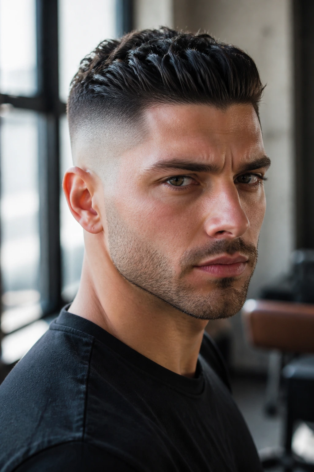Portrait of a man with a skin fade and brushed-back top.