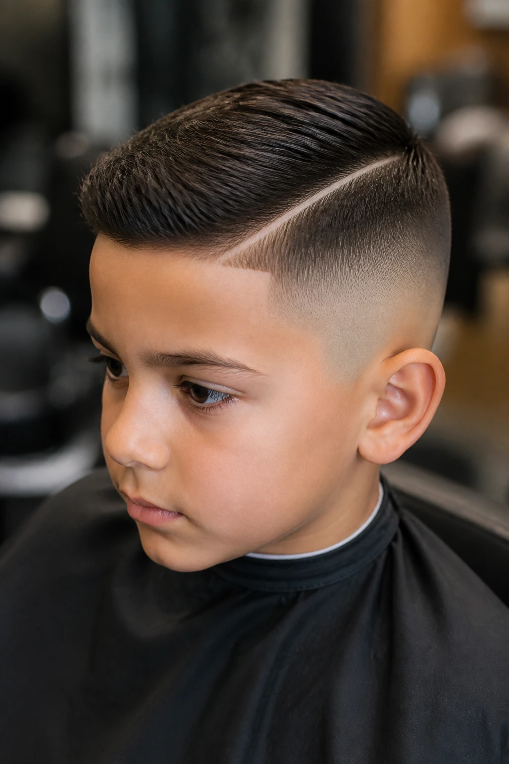 Real boy with skin fade and hard part in barber chair lighting
