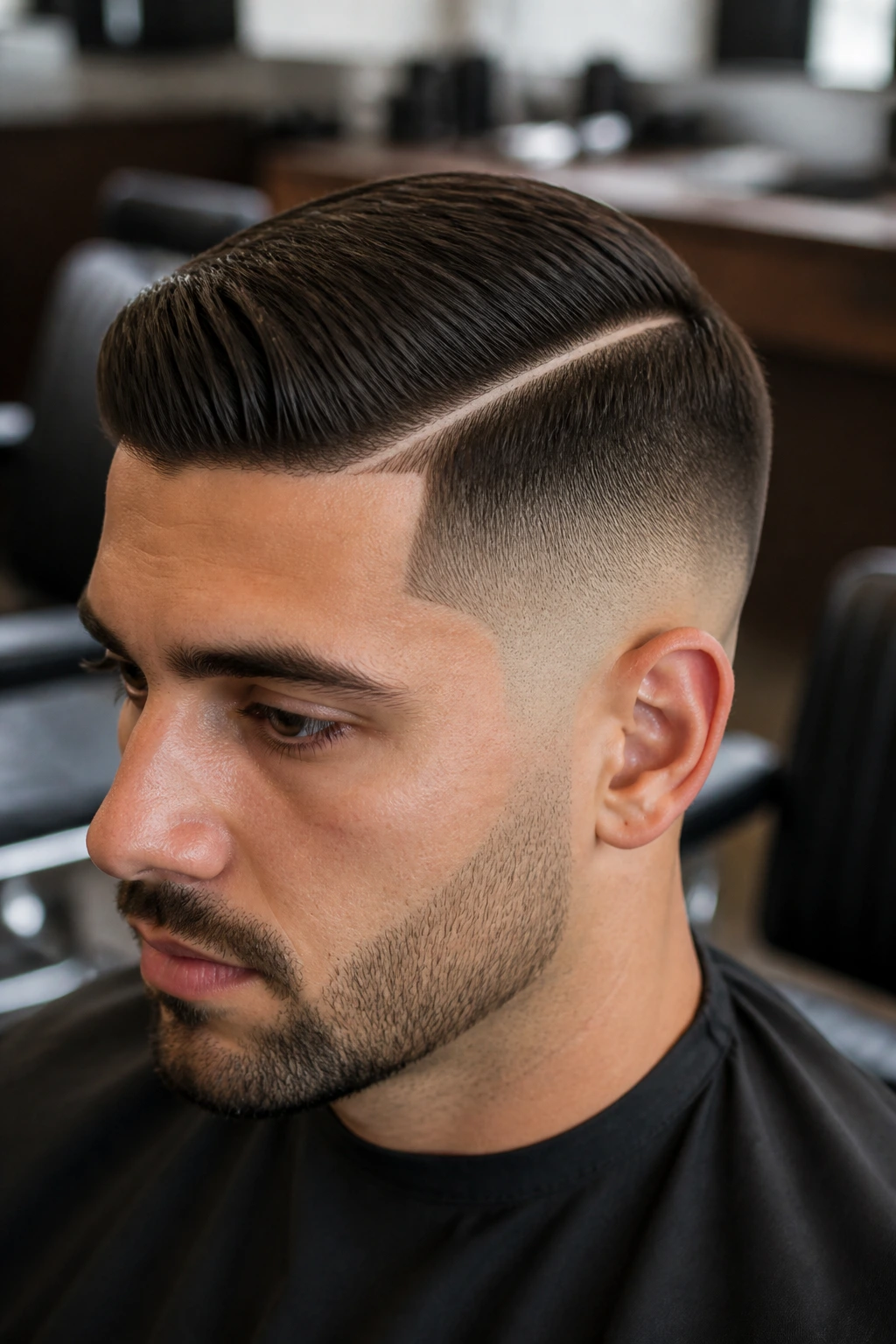 Man with skin fade and hard part hairstyle in barber shop