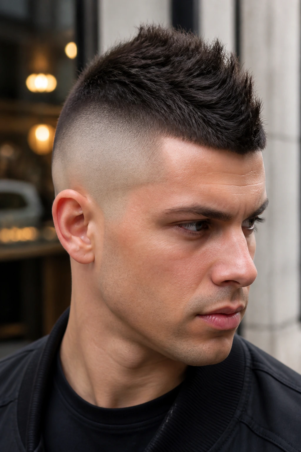 Portrait of a person with skin-fade hawk and textured top