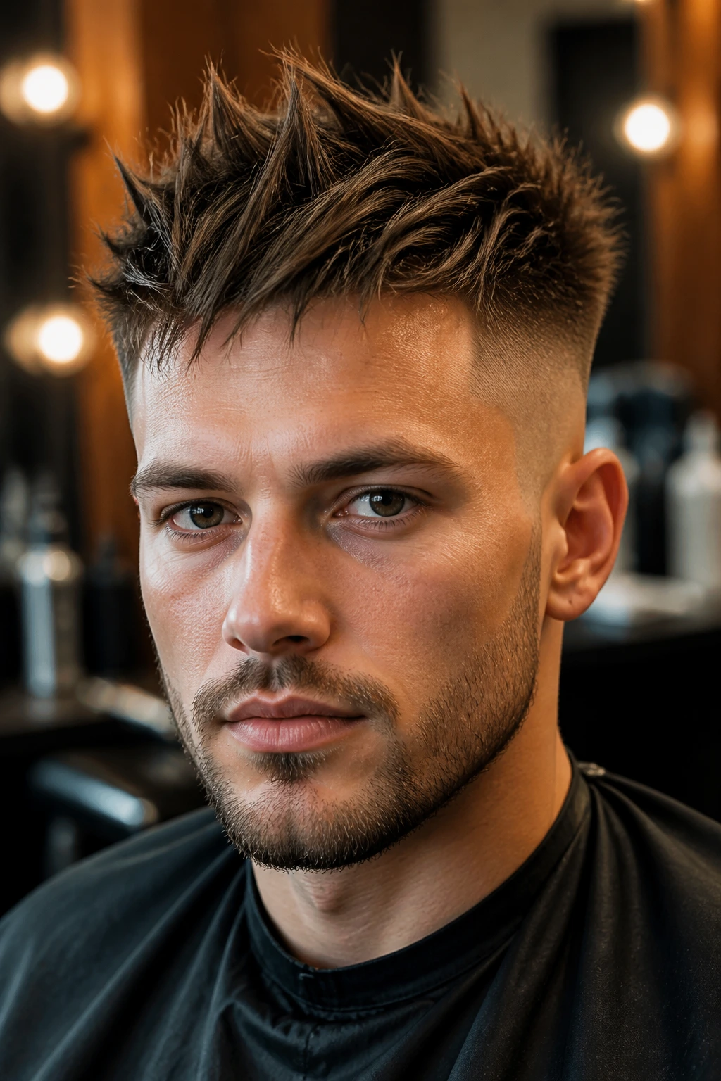 Close-up of a man with a skin fade and jagged crown spikes