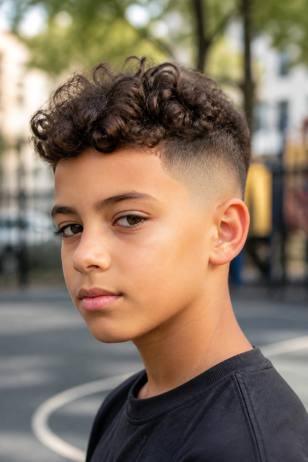 Close-up of a boy with skin fade and loose curls.
