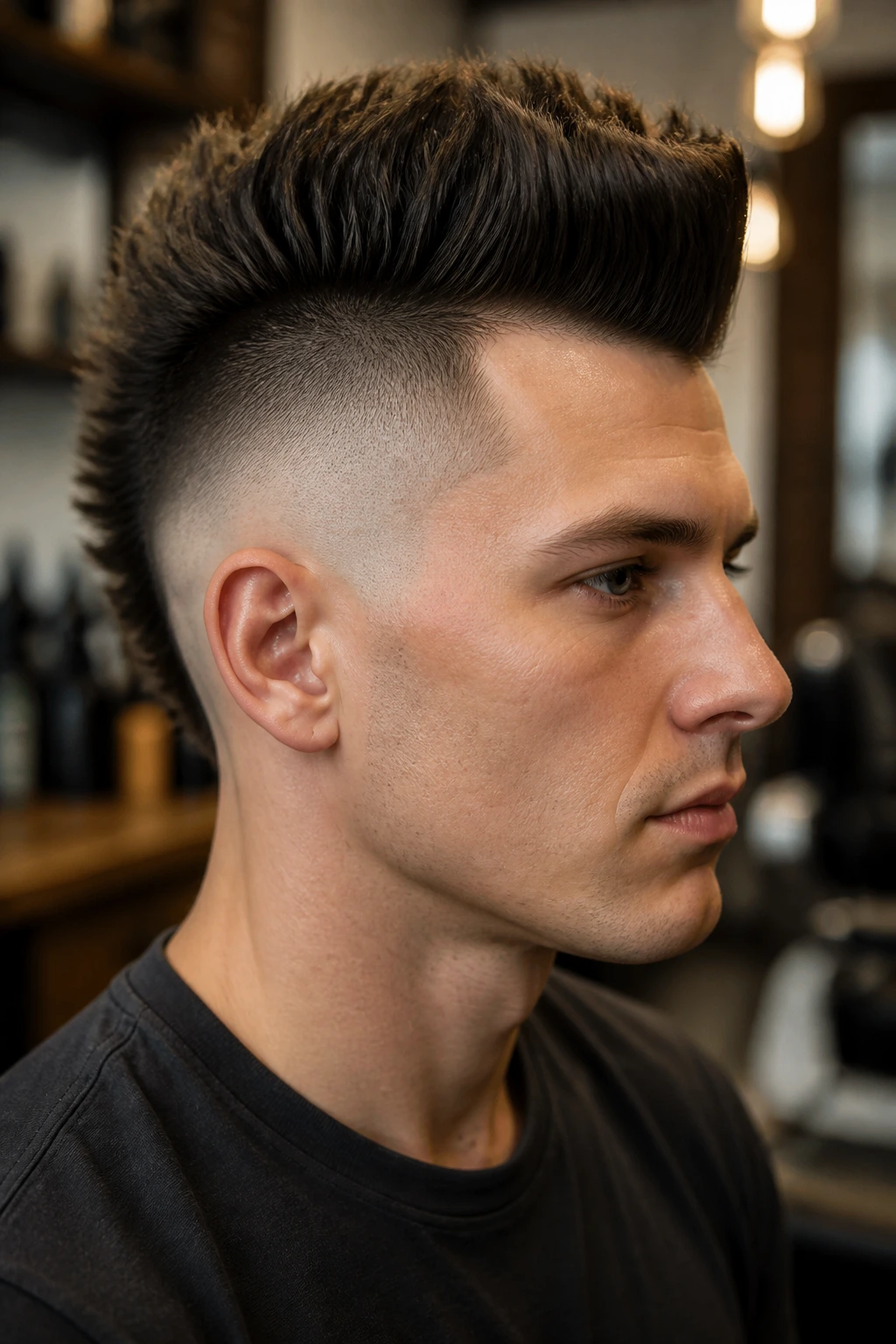 Close-up of a man with skin fade mohawk and tall top.