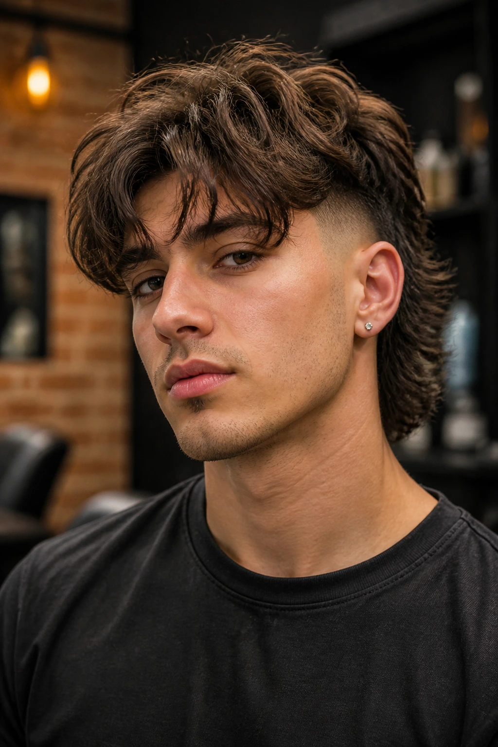 Close-up of a real person with skin fade mullet and curtain bangs in a barber shop.