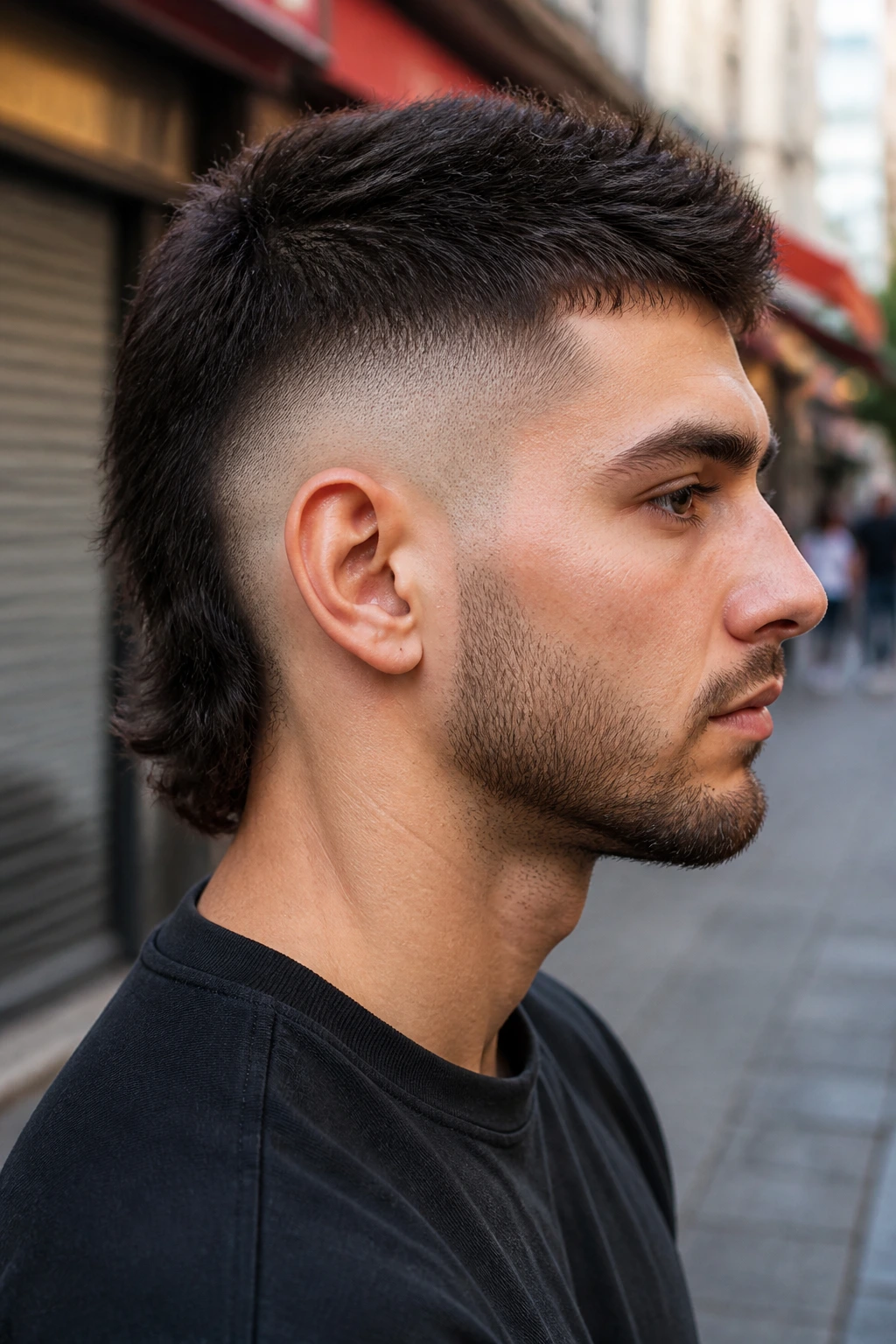 Close-up portrait of a real person with a skin-fade mullet, sharp shaved sides and contrasting top