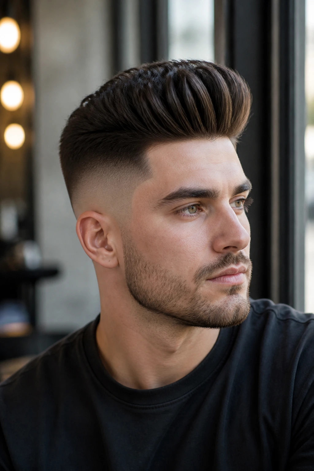 Close-up of a man with skin fade and pompadour hairstyle