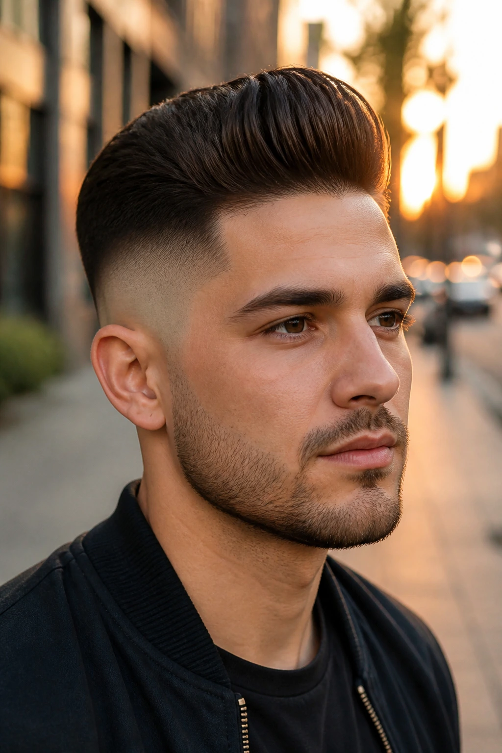 Close-up portrait of a man with a skin fade and short pompadour