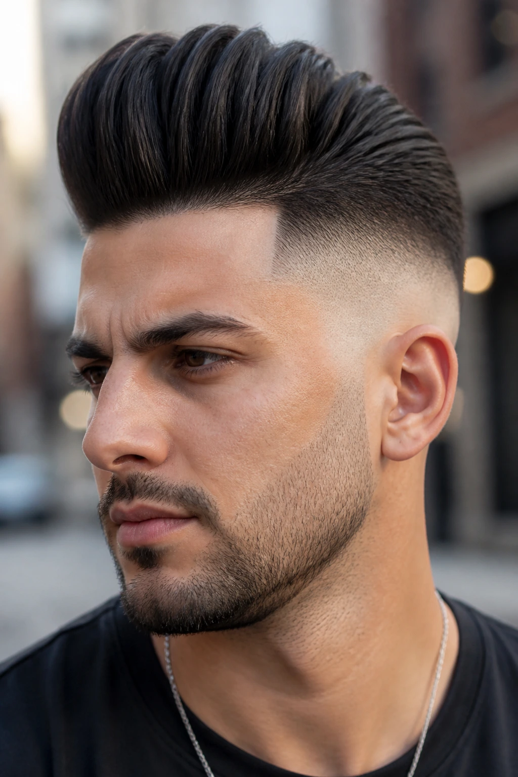 Man with skin fade pompadour close-up