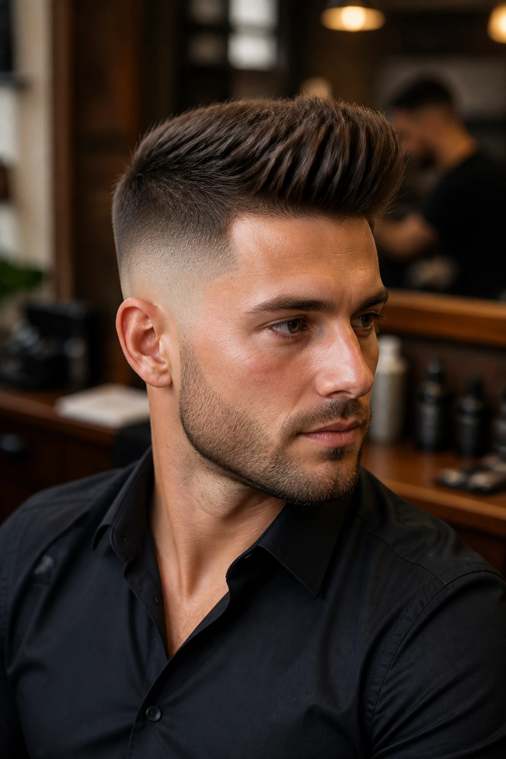 Close-up portrait of a man with a skin fade quiff