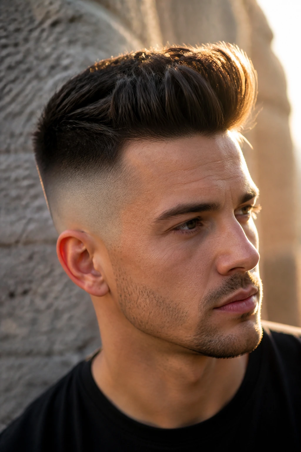 Close-up of a man with skin fade quiff outdoors