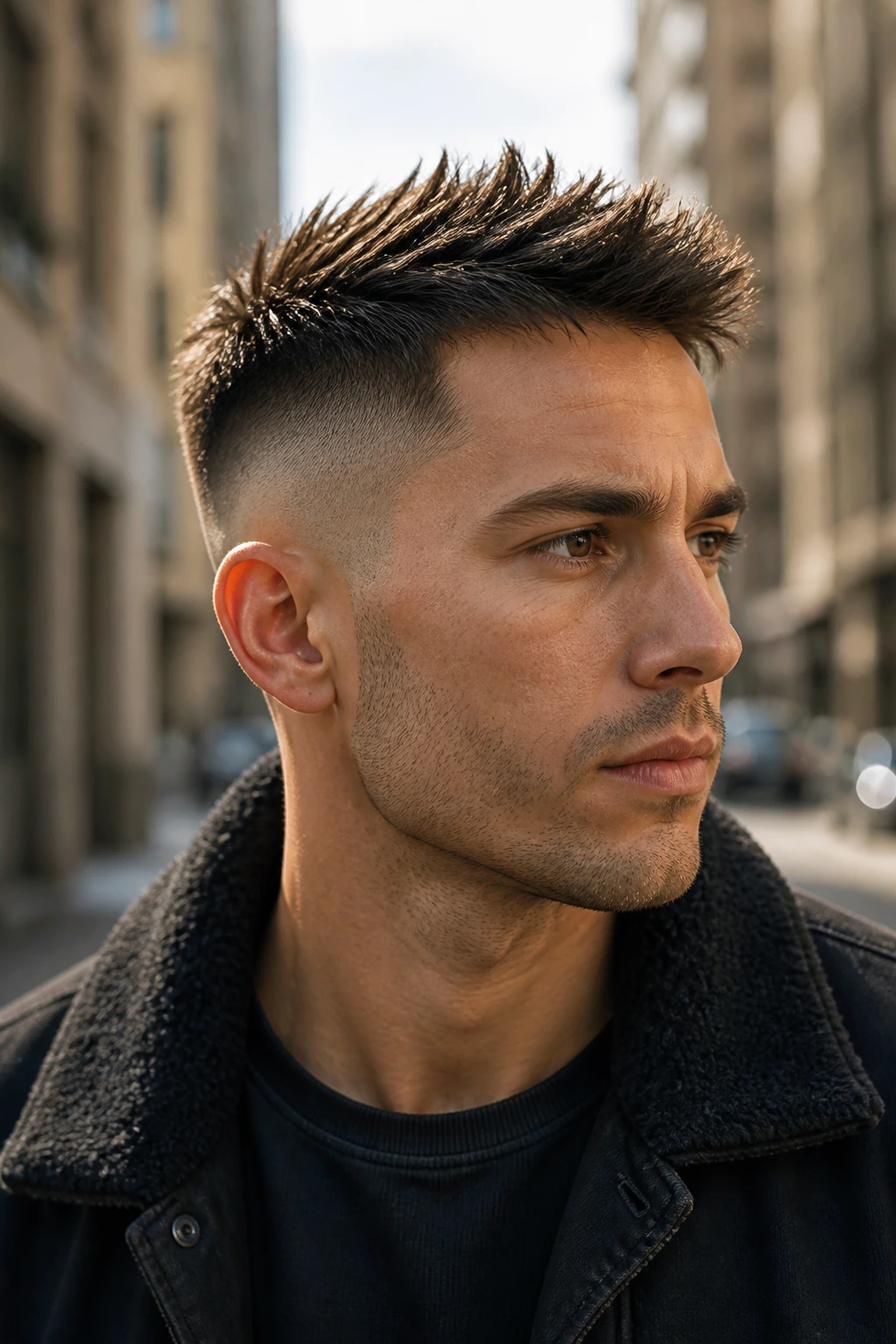 Close-up portrait of a man with skin fade and short spikes under morning light