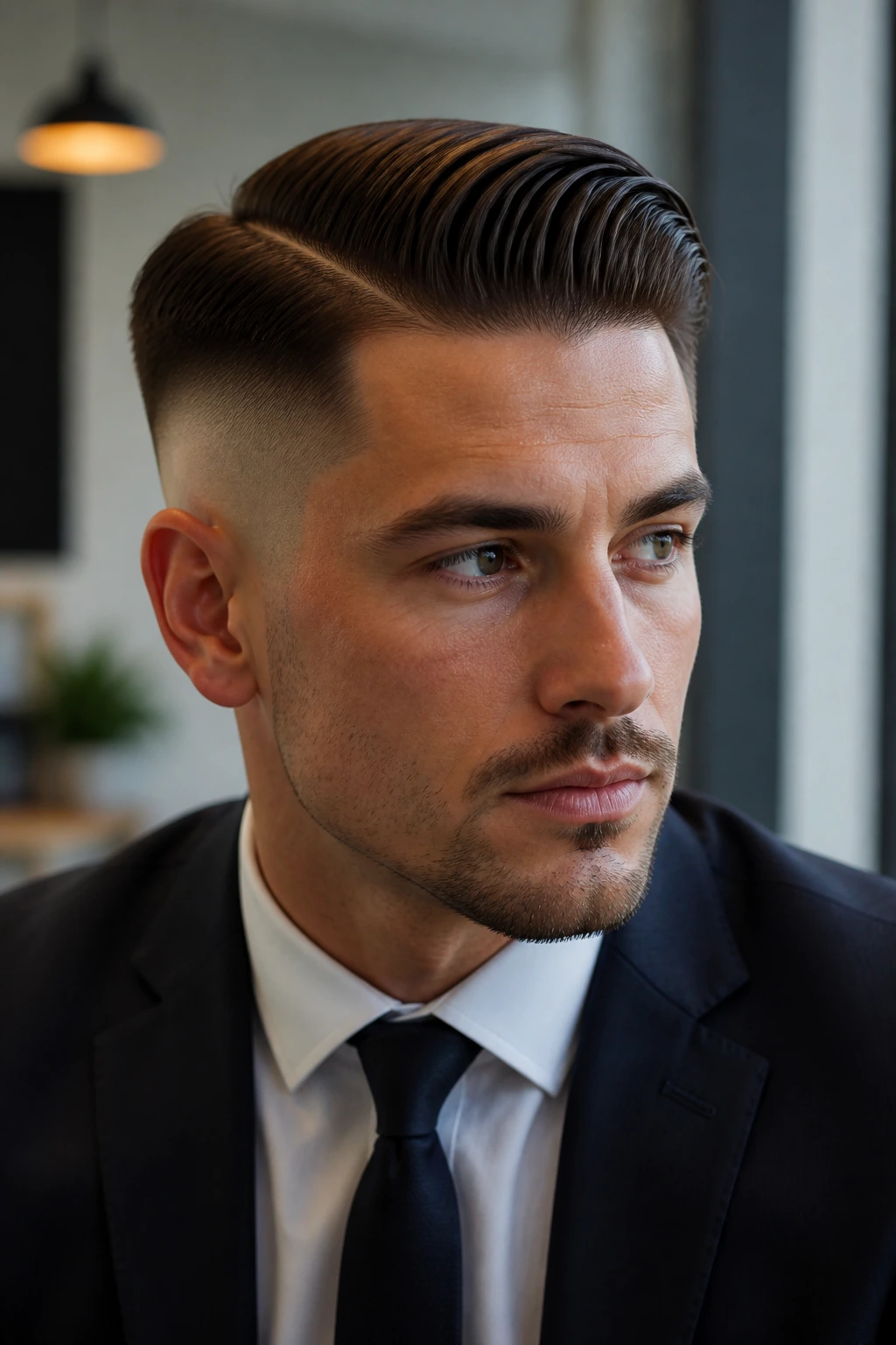 Close-up of a man with skin fade and slick side part in an office setting