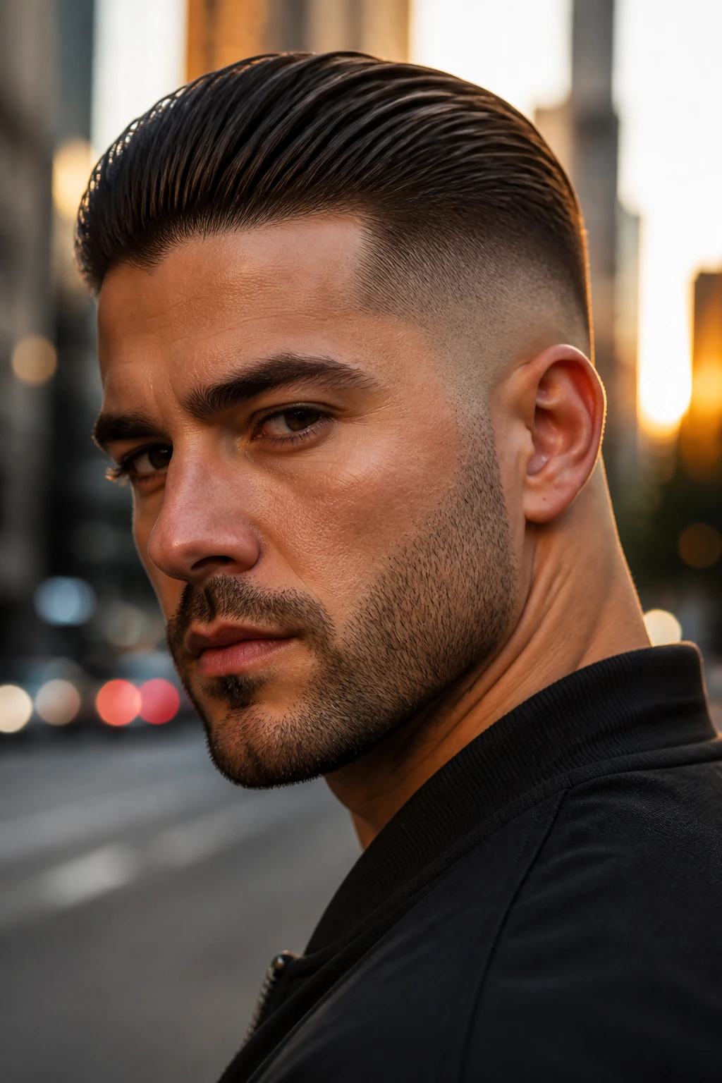 Close-up portrait of a man with a skin fade and slicked-back top against a city street backdrop at golden hour