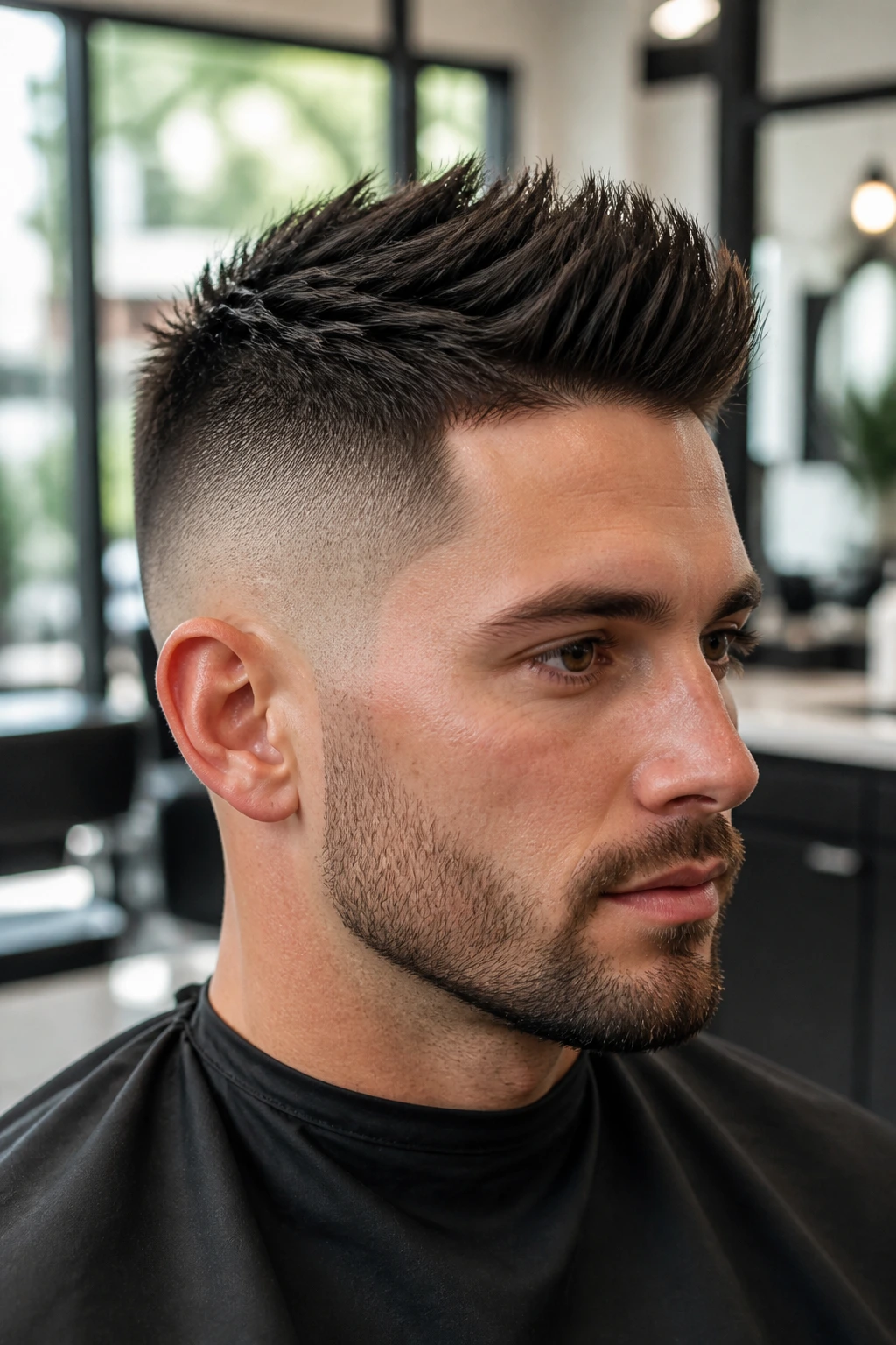Man with skin fade sides and spiked top in a barber shop setting