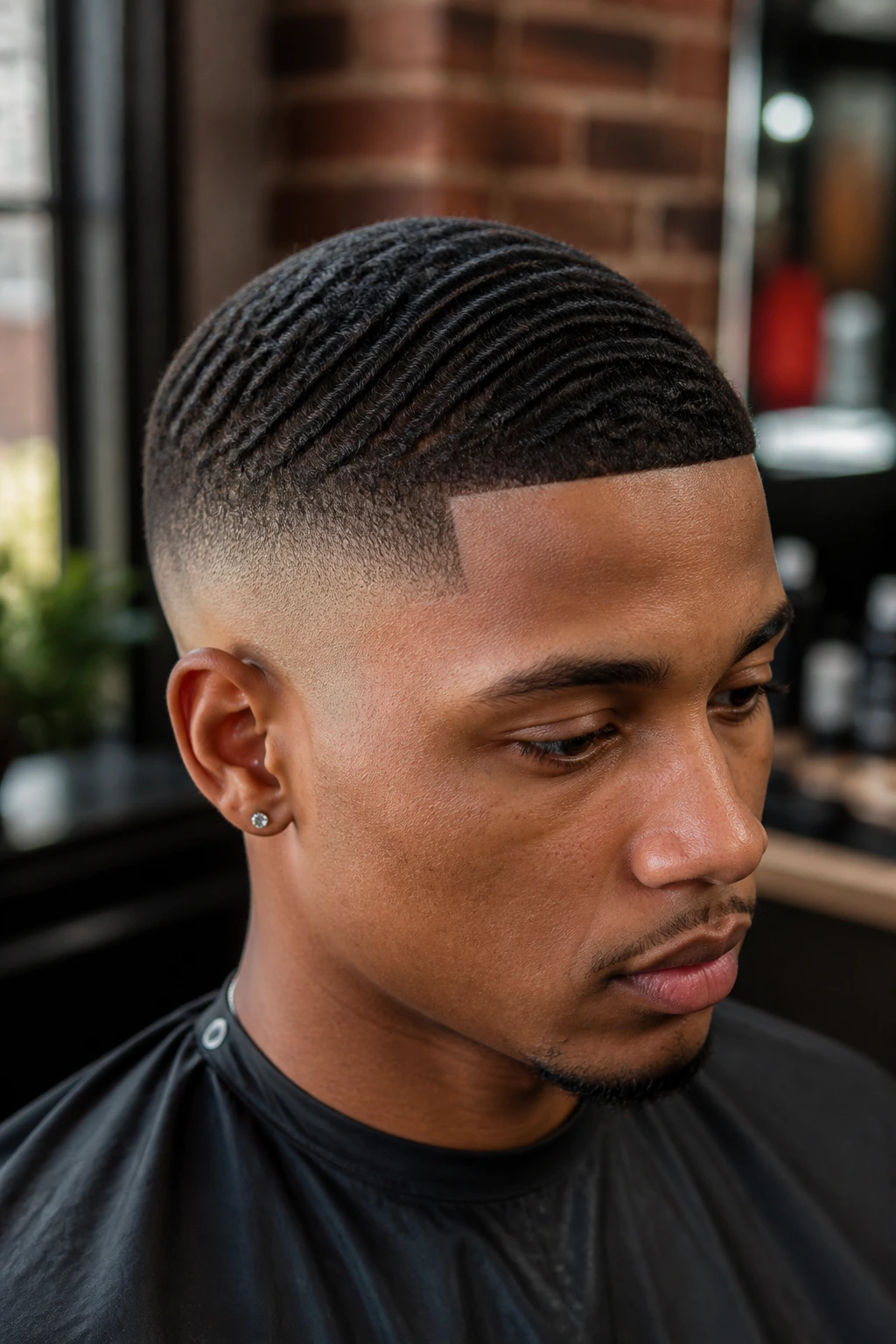 Close-up of Skin Fade With Waves hairstyle on a real man in a barber shop