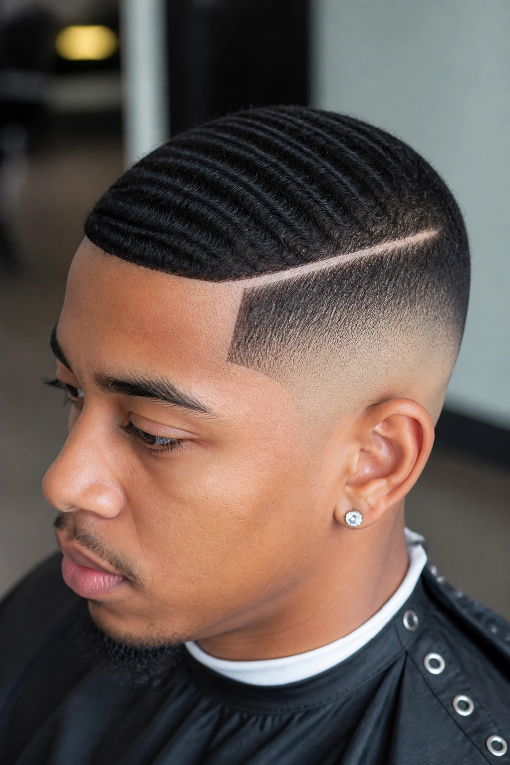 Profile portrait of a person with skin fade, hard part, and waves