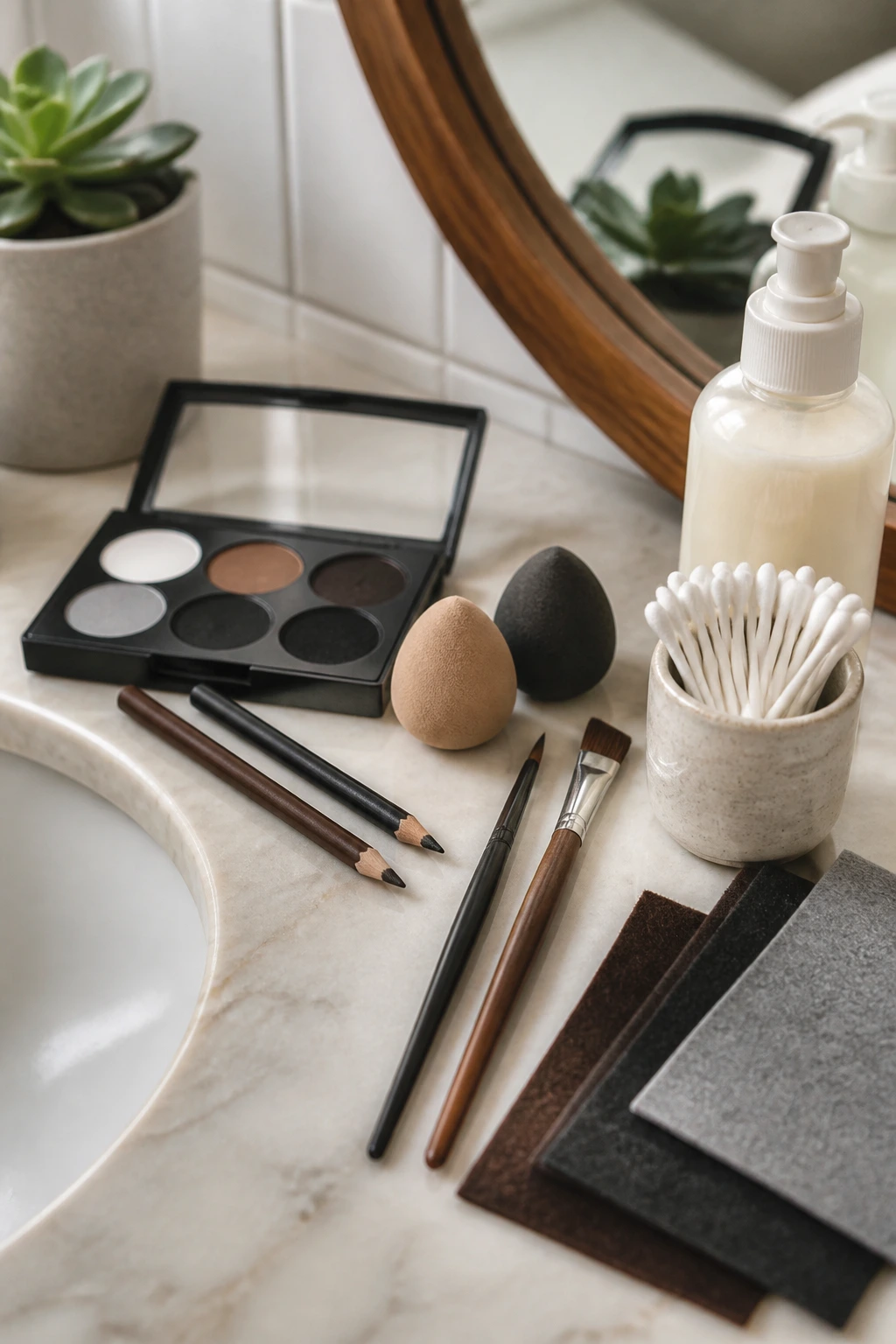 Still life of skin-safe beard supplies on a bathroom counter