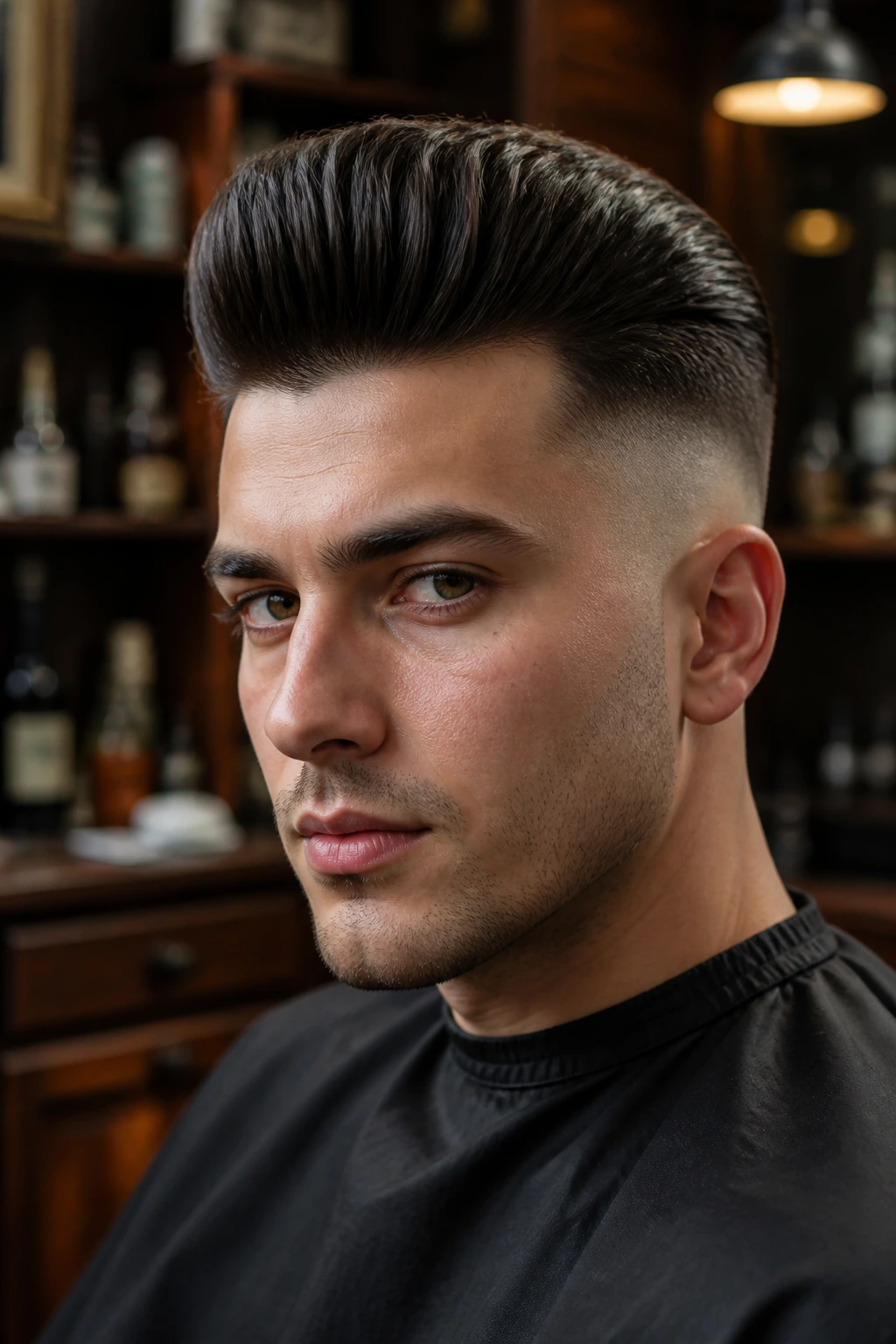 Man with skin taper and pompadour; sharp contrast between shaved sides and voluminous top