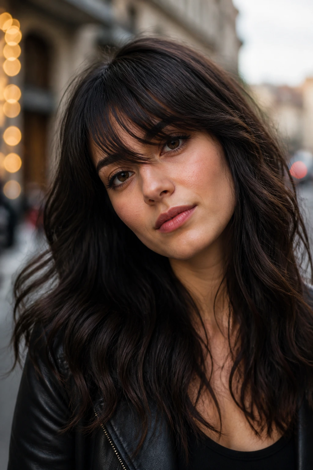 Portrait of a real person with diagonal slash bangs on thick wavy hair, city light background