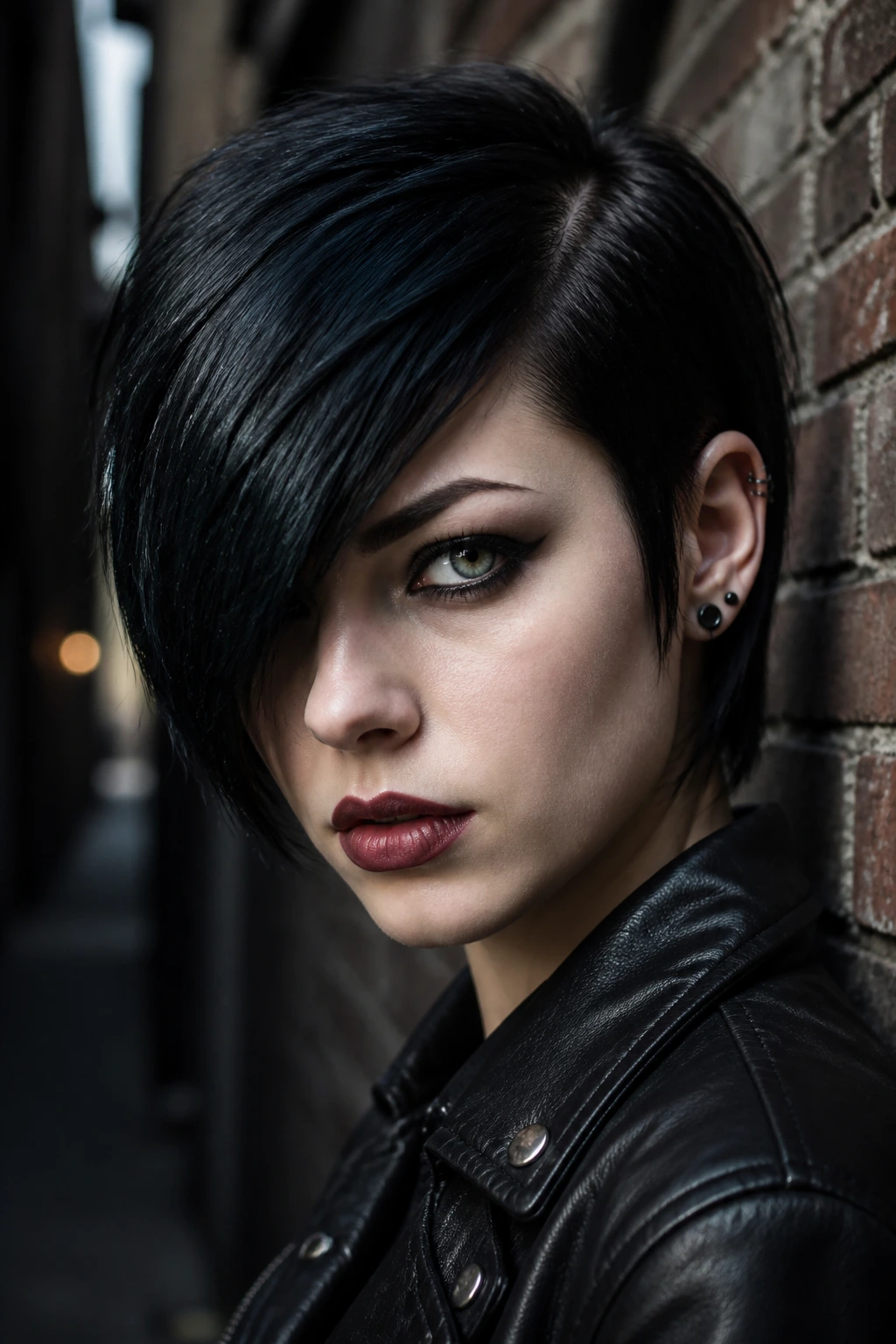 Real person with deep side-part slash fringe in moody urban alley