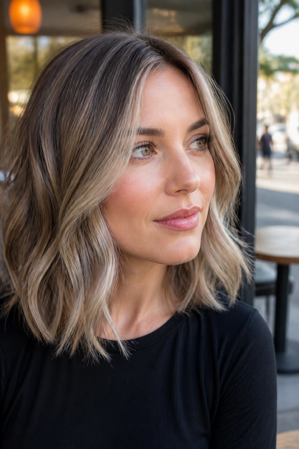 Close-up portrait of a real woman with slate blonde babylights