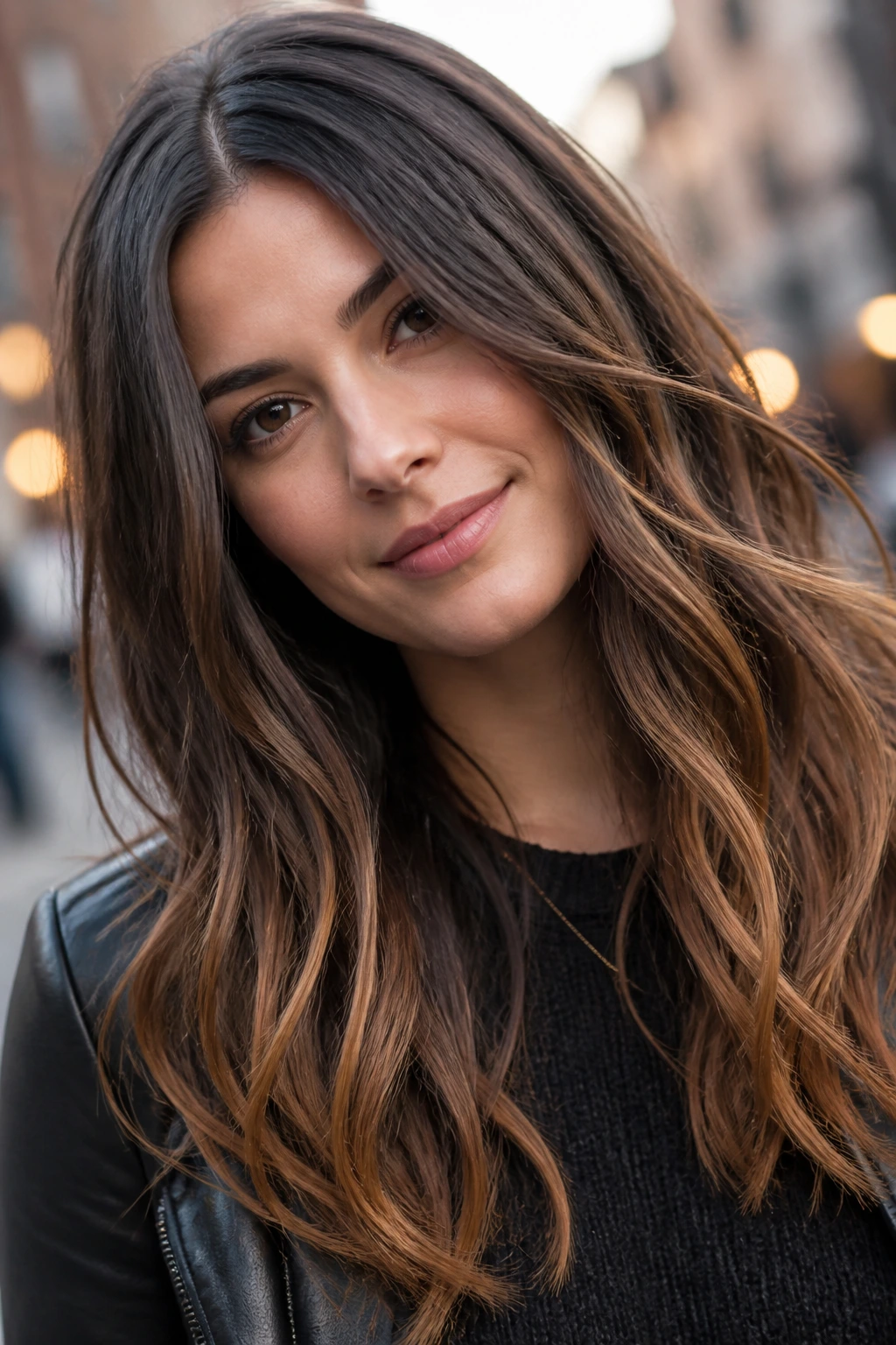 Close-up of a real woman with slate brunette and amber tips hair